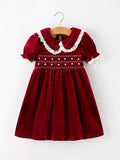 Christmas Burgundy Velvet Girls Smocked Pearl Lace Collar Dress