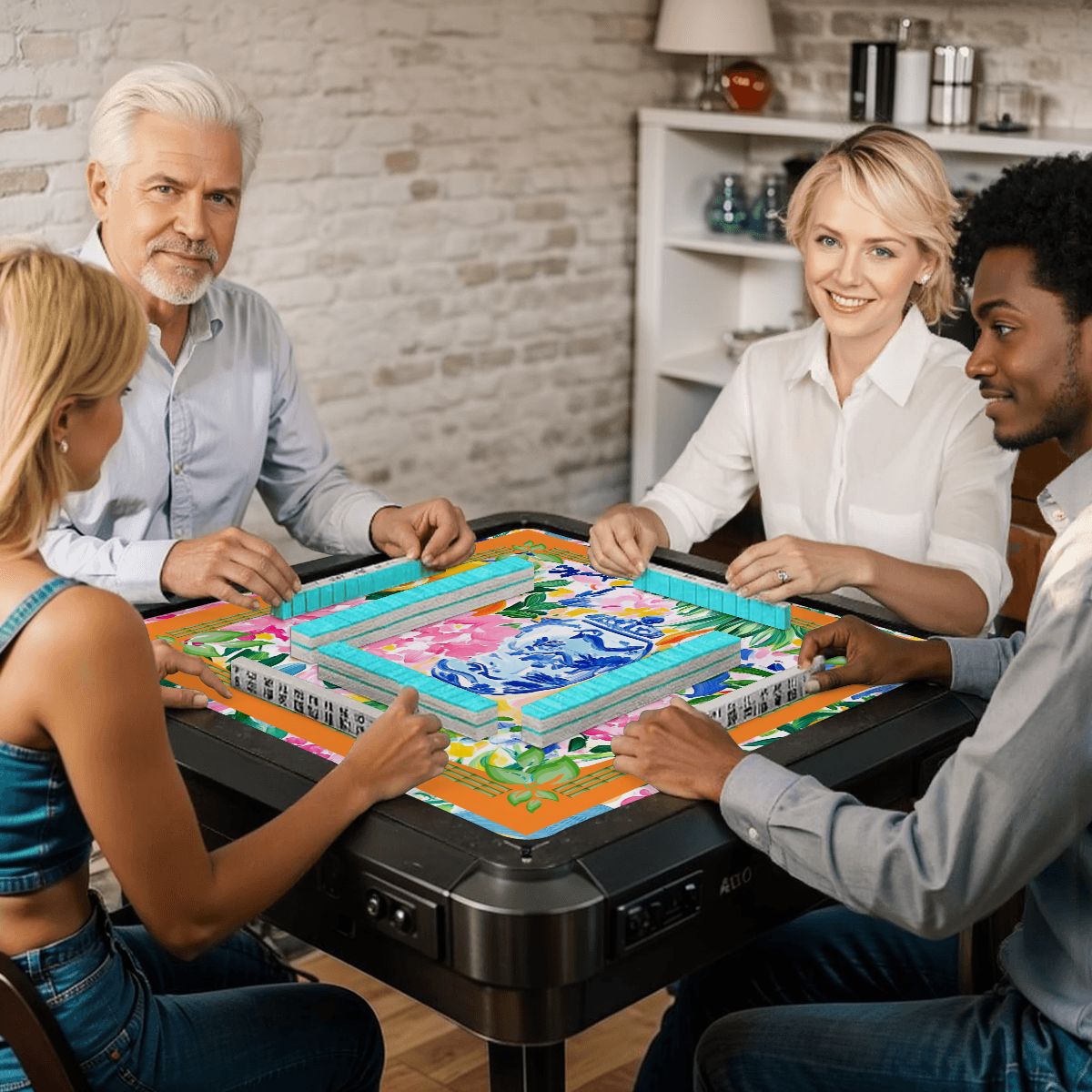 Asian Chinoiserie Citrus Orange, Blue Mahjong Mat