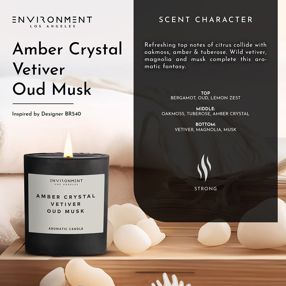 8oz Amber Crystal | Vetiver | Oud Musk Candle with Lid and Box (Inspired by Baccarat Rouge 540®)