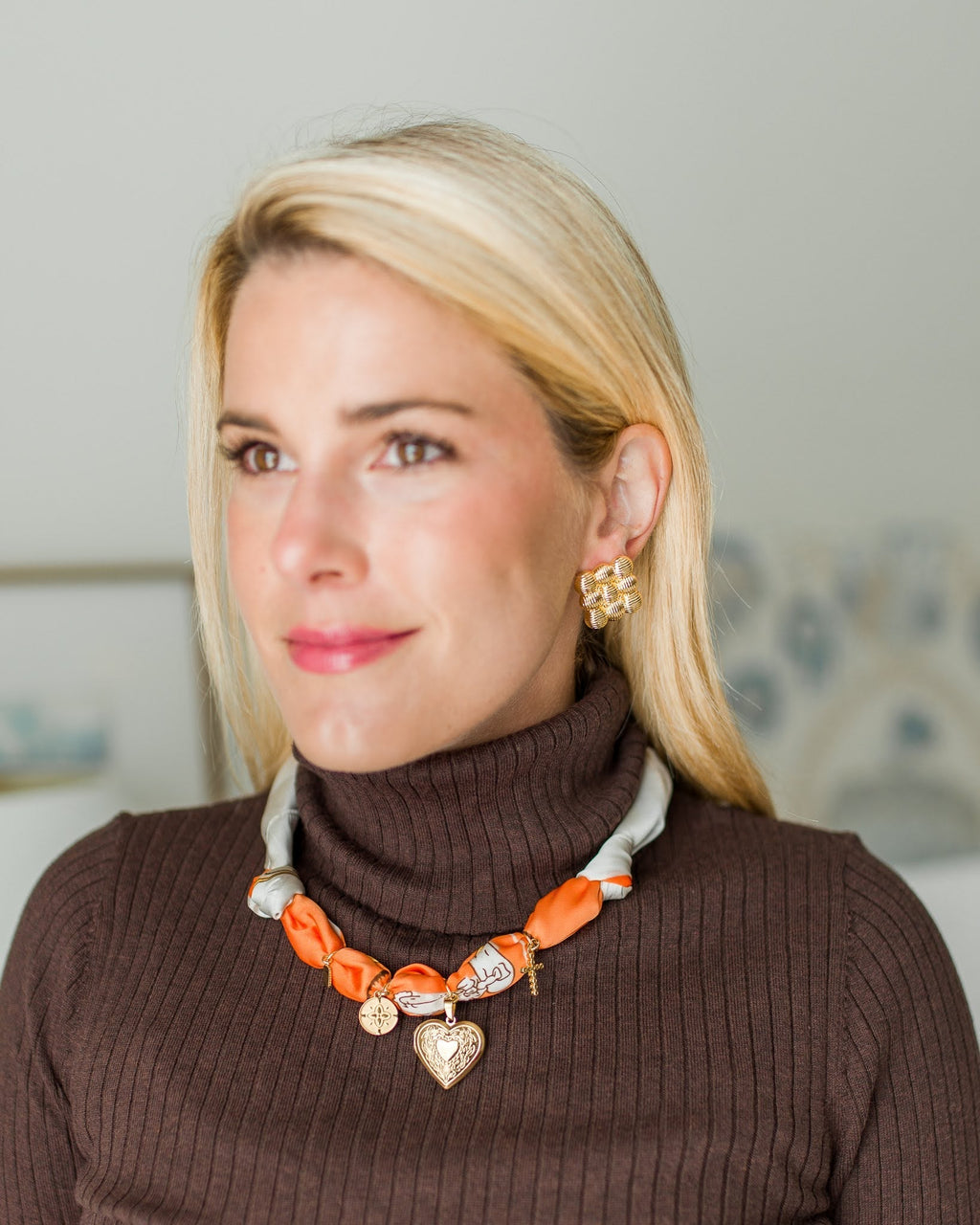 Leigh - Orange Locket Heart -  Scarf Necklace