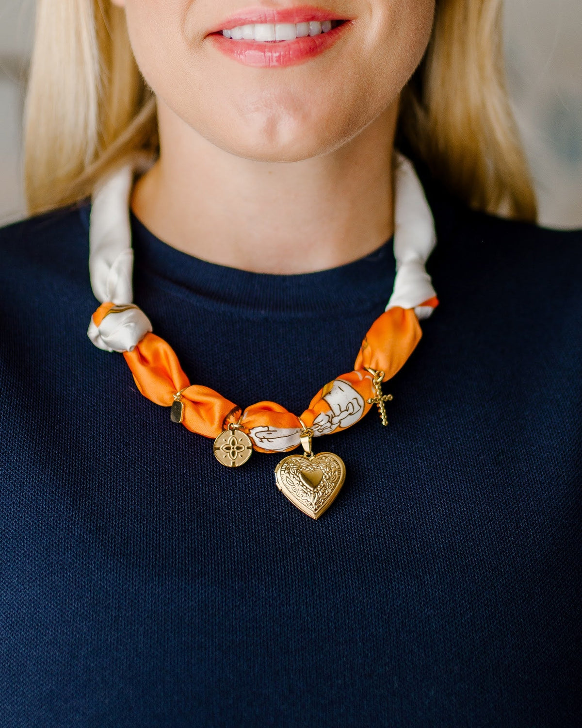 Leigh - Orange Locket Heart -  Scarf Necklace